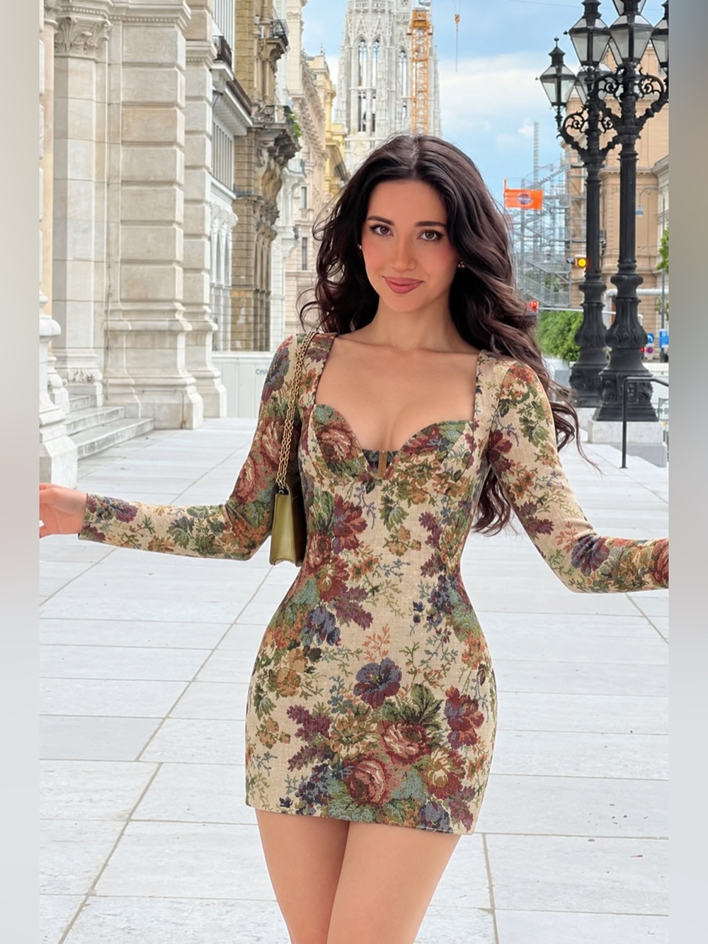 Micas Vintage Floral Tapestry Long Sleeve Bodycon chic sexy Mini Dress S LL3-32